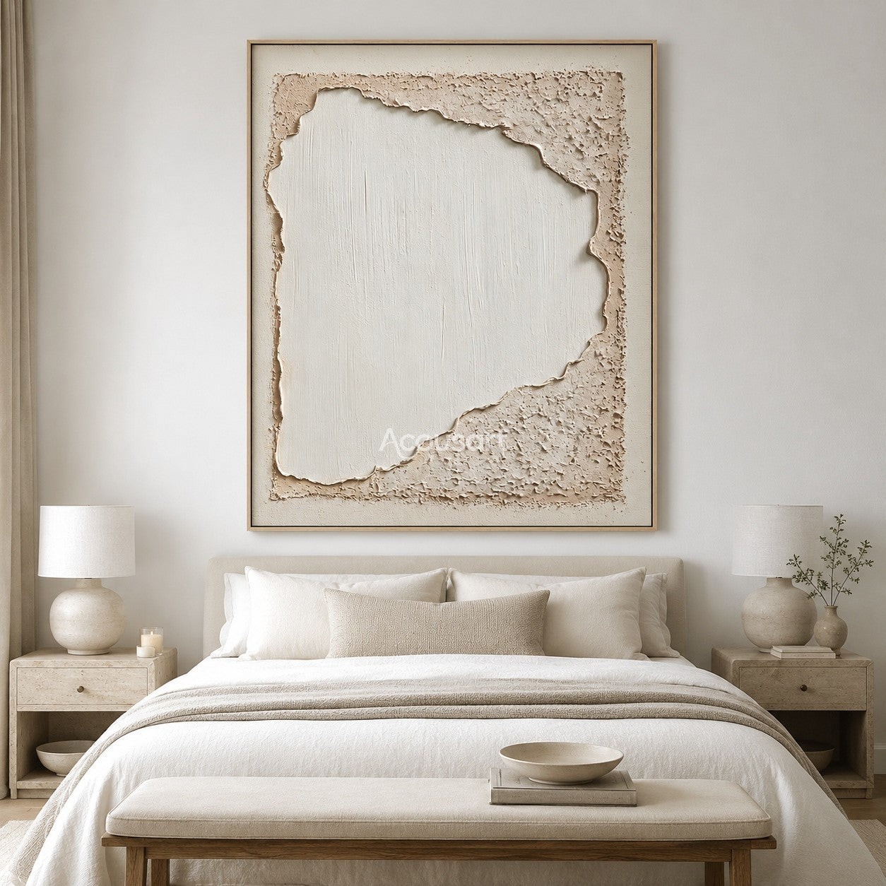 Neutral textured abstract wall art with ivory center and beige plaster border