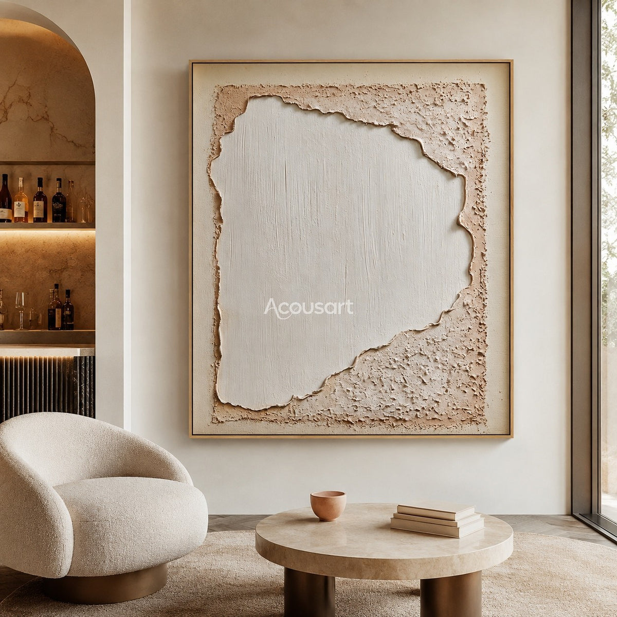 Neutral textured abstract wall art with ivory center and beige plaster border
