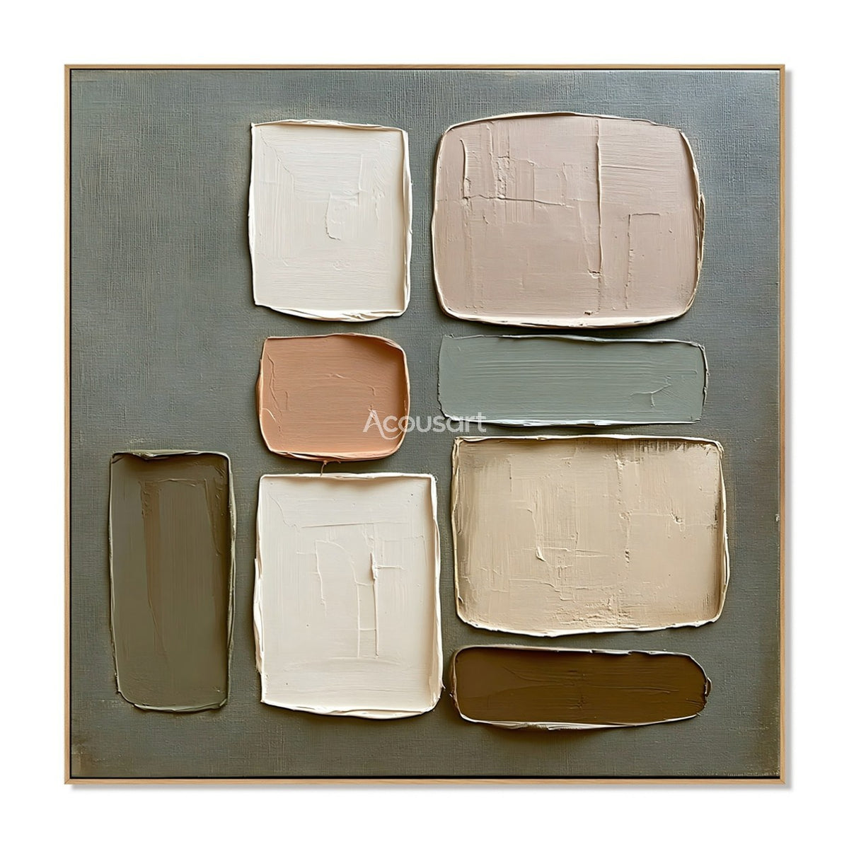 Neutral textured abstract wall art with layered beige, cream, brown, and sage green geometric blocks