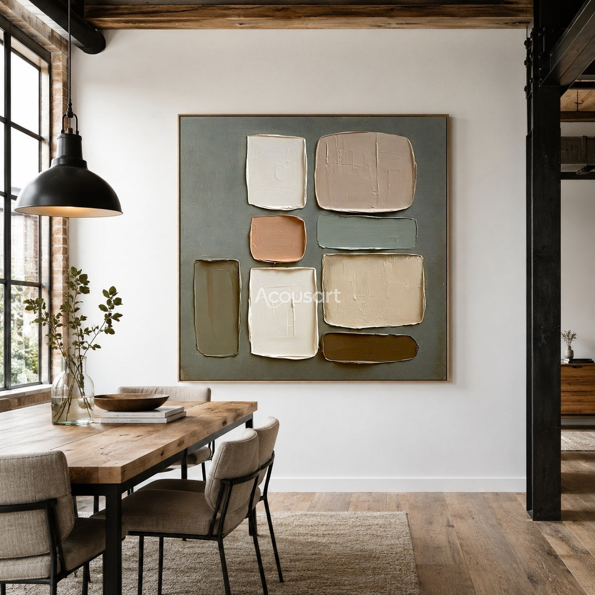 Neutral textured abstract wall art with layered beige, cream, brown, and sage green geometric blocks