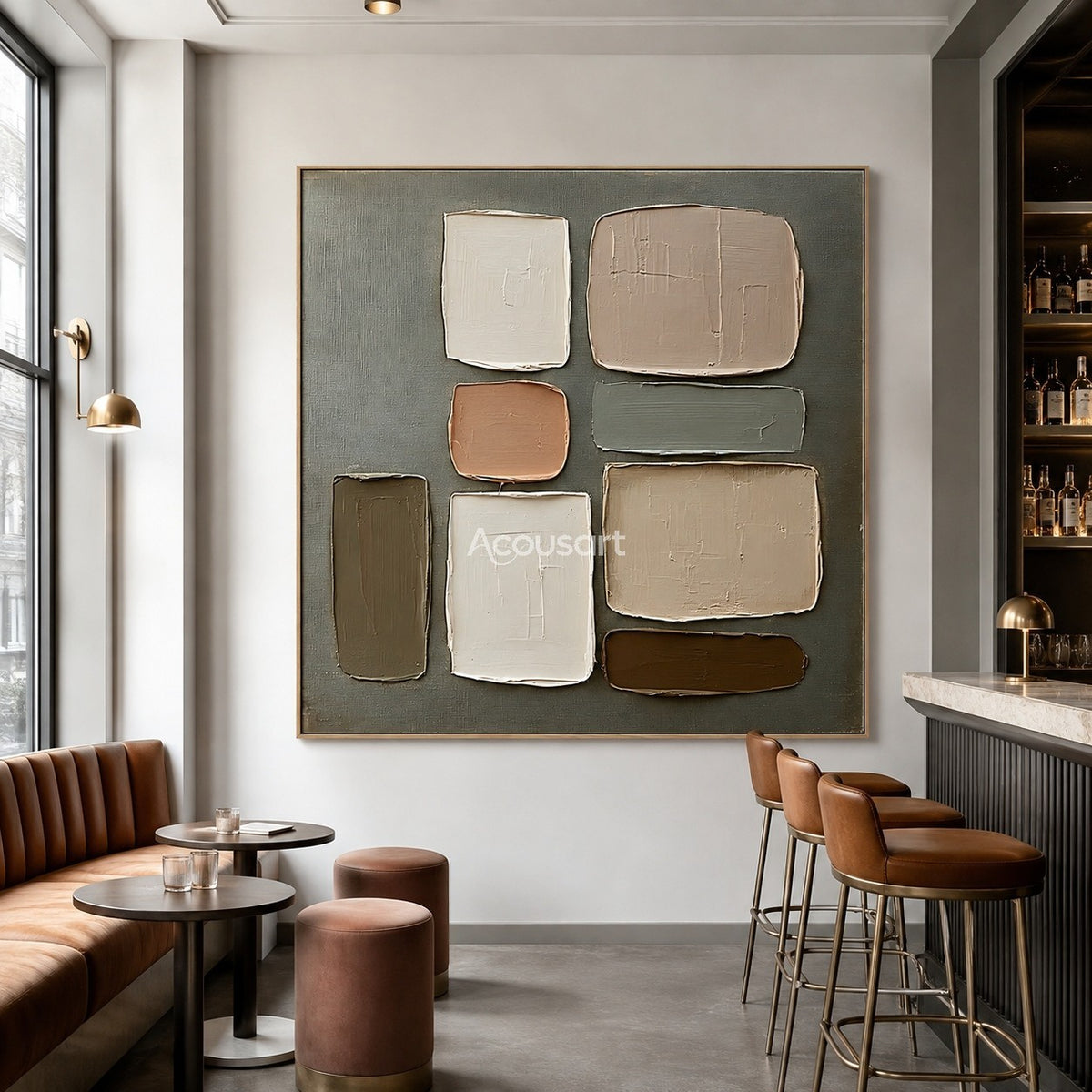 Neutral textured abstract wall art with layered beige, cream, brown, and sage green geometric blocks