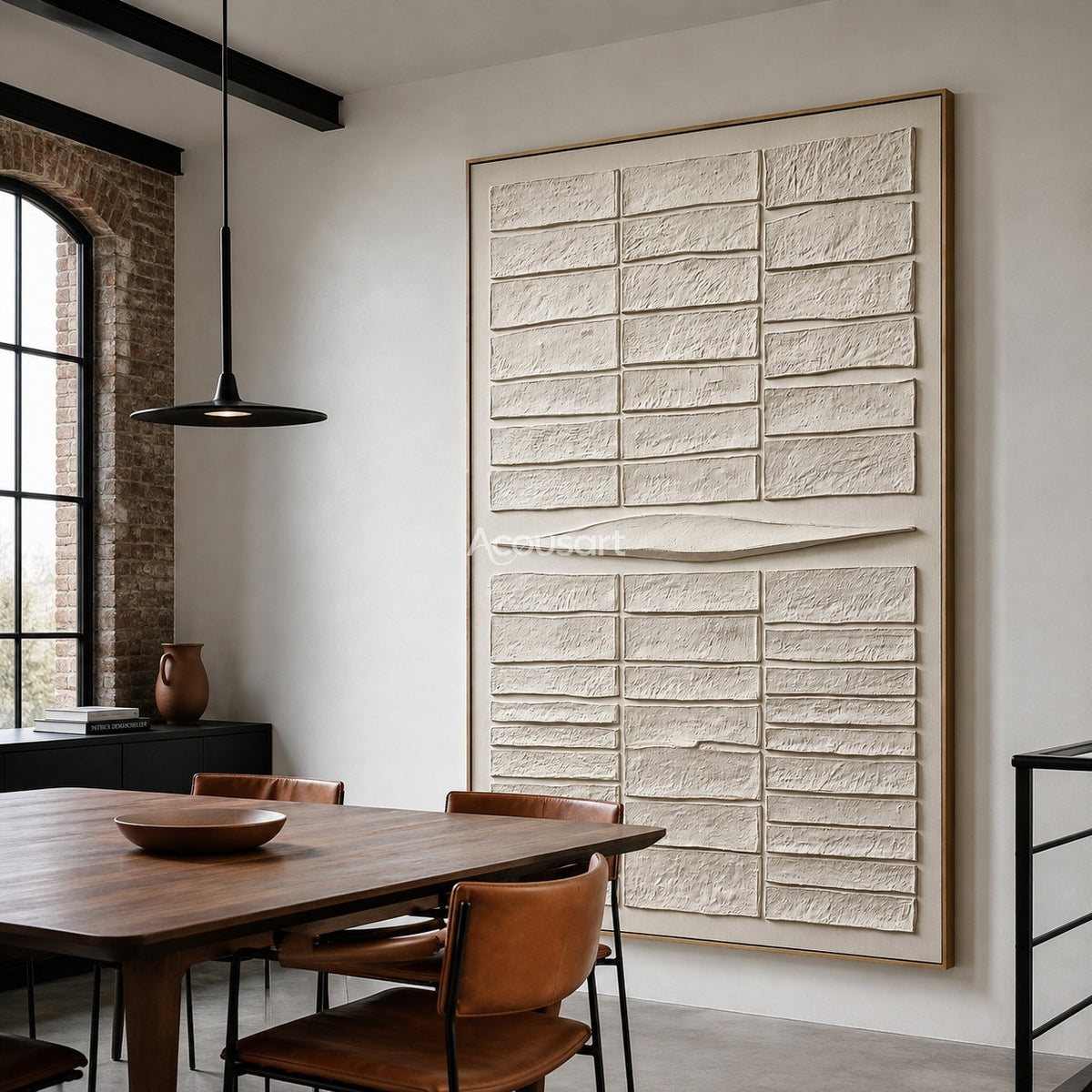 Neutral textured abstract wall art with raised ivory rectangular blocks and a soft curved center line