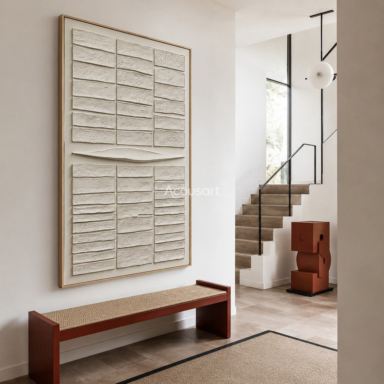 Neutral textured abstract wall art with raised ivory rectangular blocks and a soft curved center line