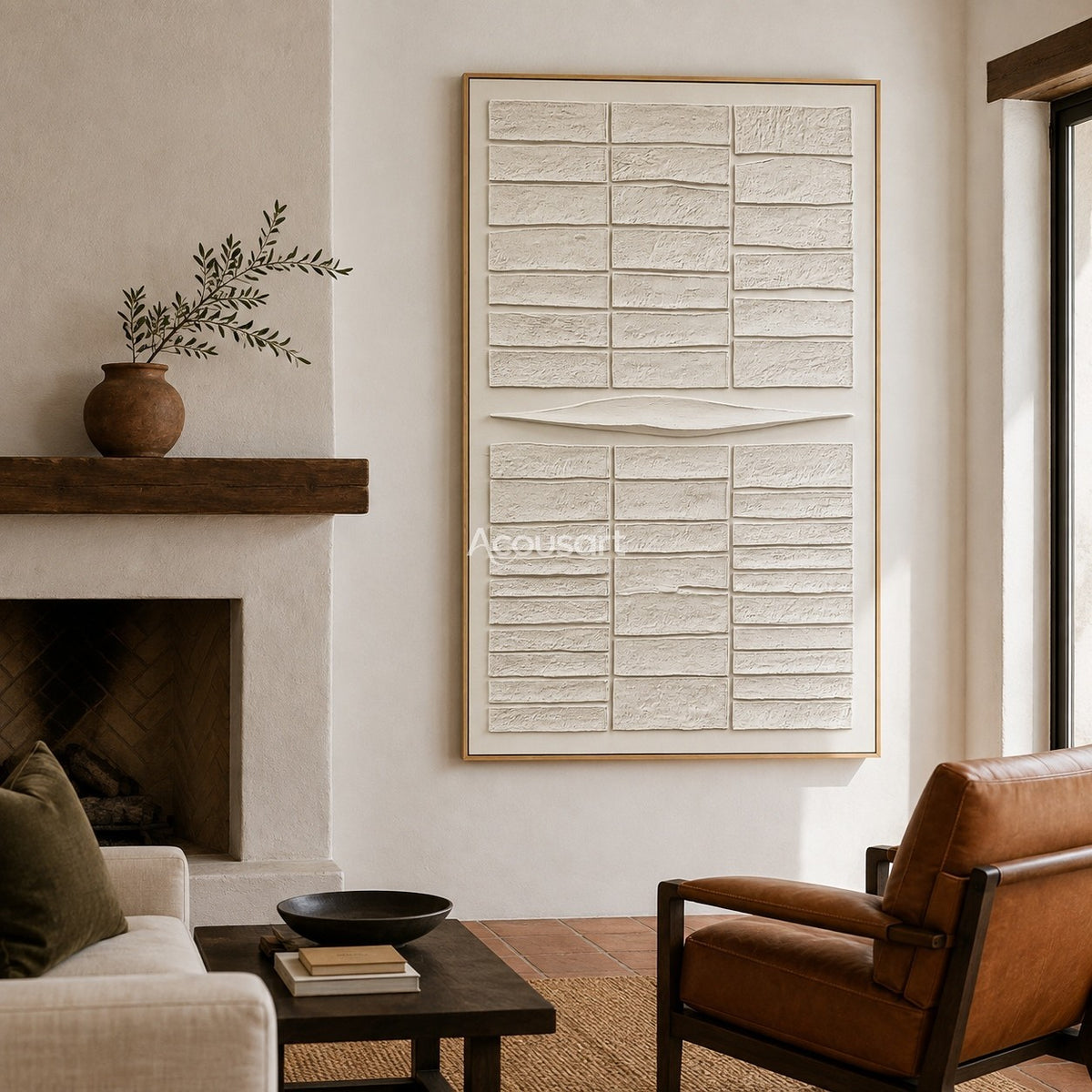 Neutral textured abstract wall art with raised ivory rectangular blocks and a soft curved center line