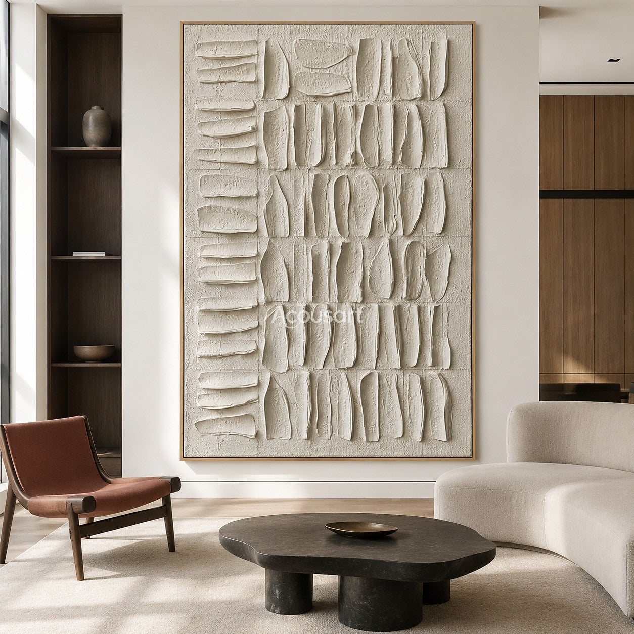 Neutral textured abstract wall art in ivory with raised organic shapes in a vertical grid pattern