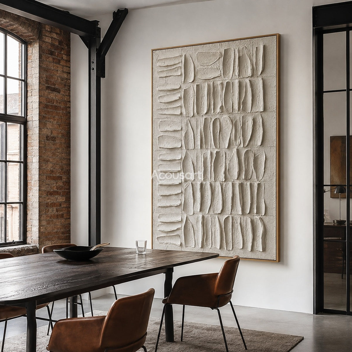 Neutral textured abstract wall art in ivory with raised organic shapes in a vertical grid pattern