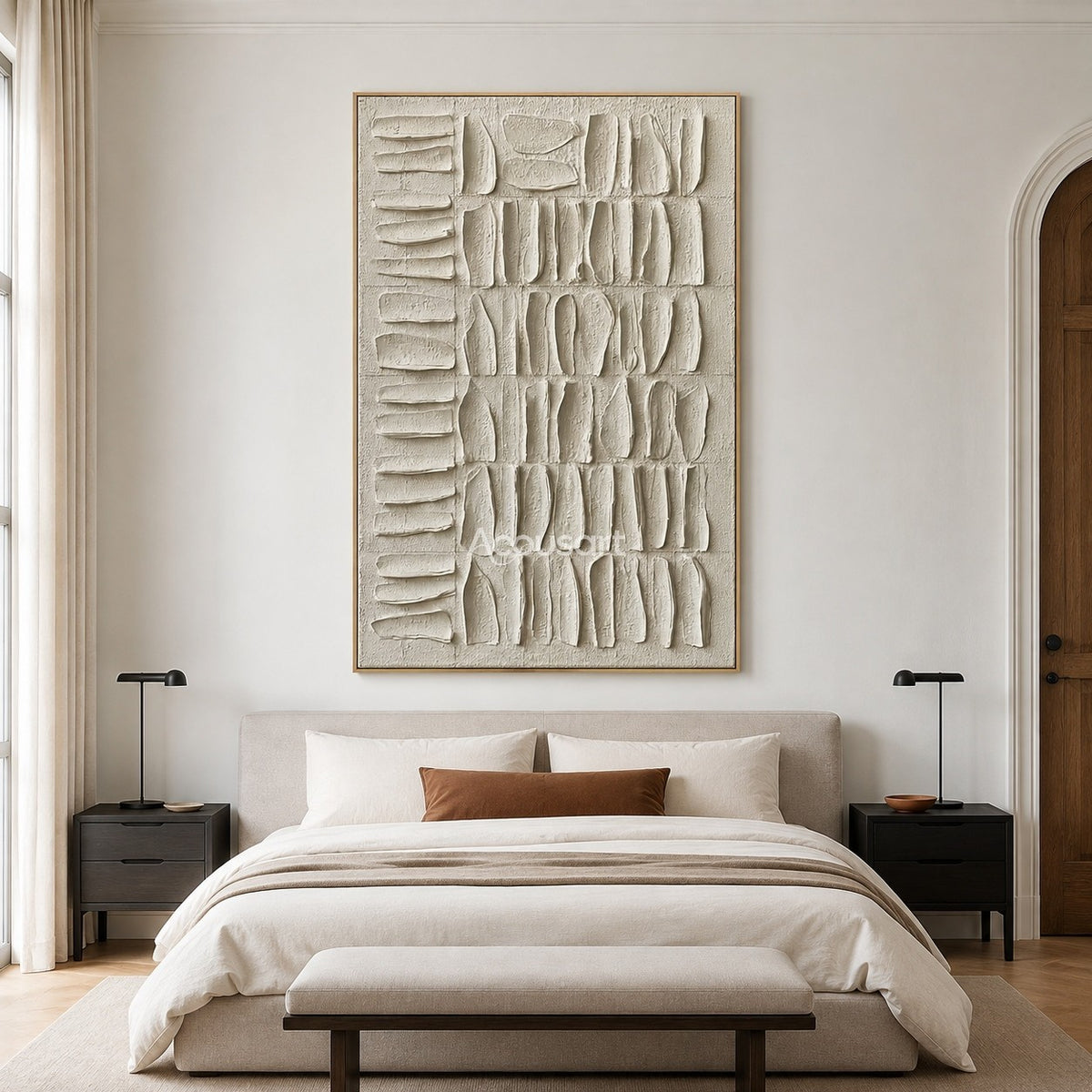 Neutral textured abstract wall art in ivory with raised organic shapes in a vertical grid pattern