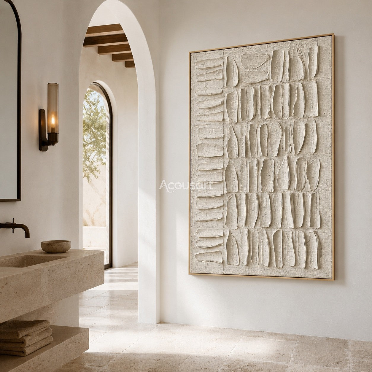 Neutral textured abstract wall art in ivory with raised organic shapes in a vertical grid pattern