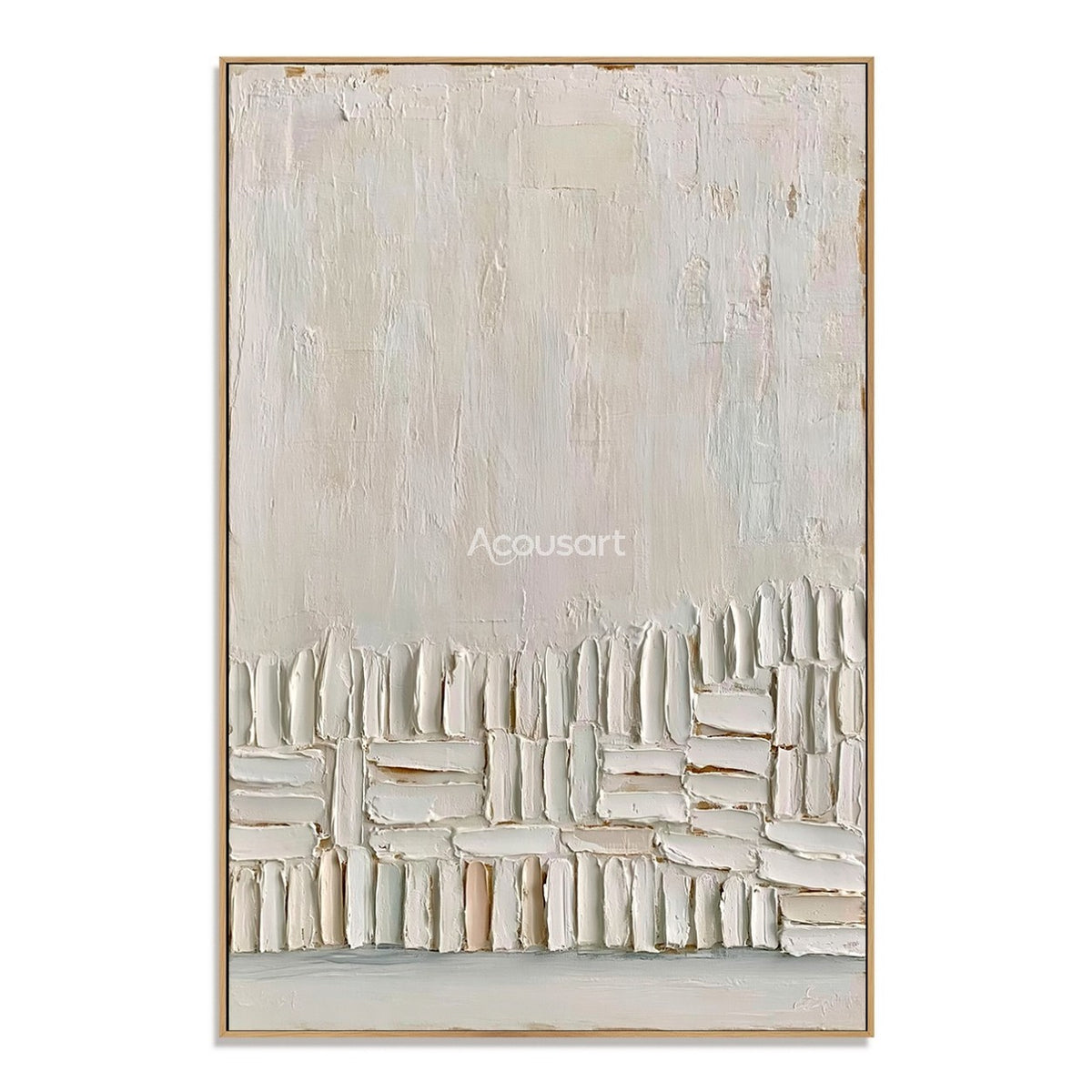 Neutral textured abstract wall art with warm white raised block shapes along the bottom on an ivory background