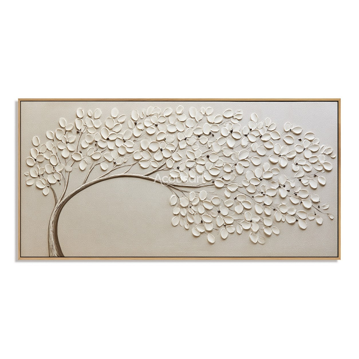 Textured floral wall art with white blossoms on a curved branch against a soft neutral background