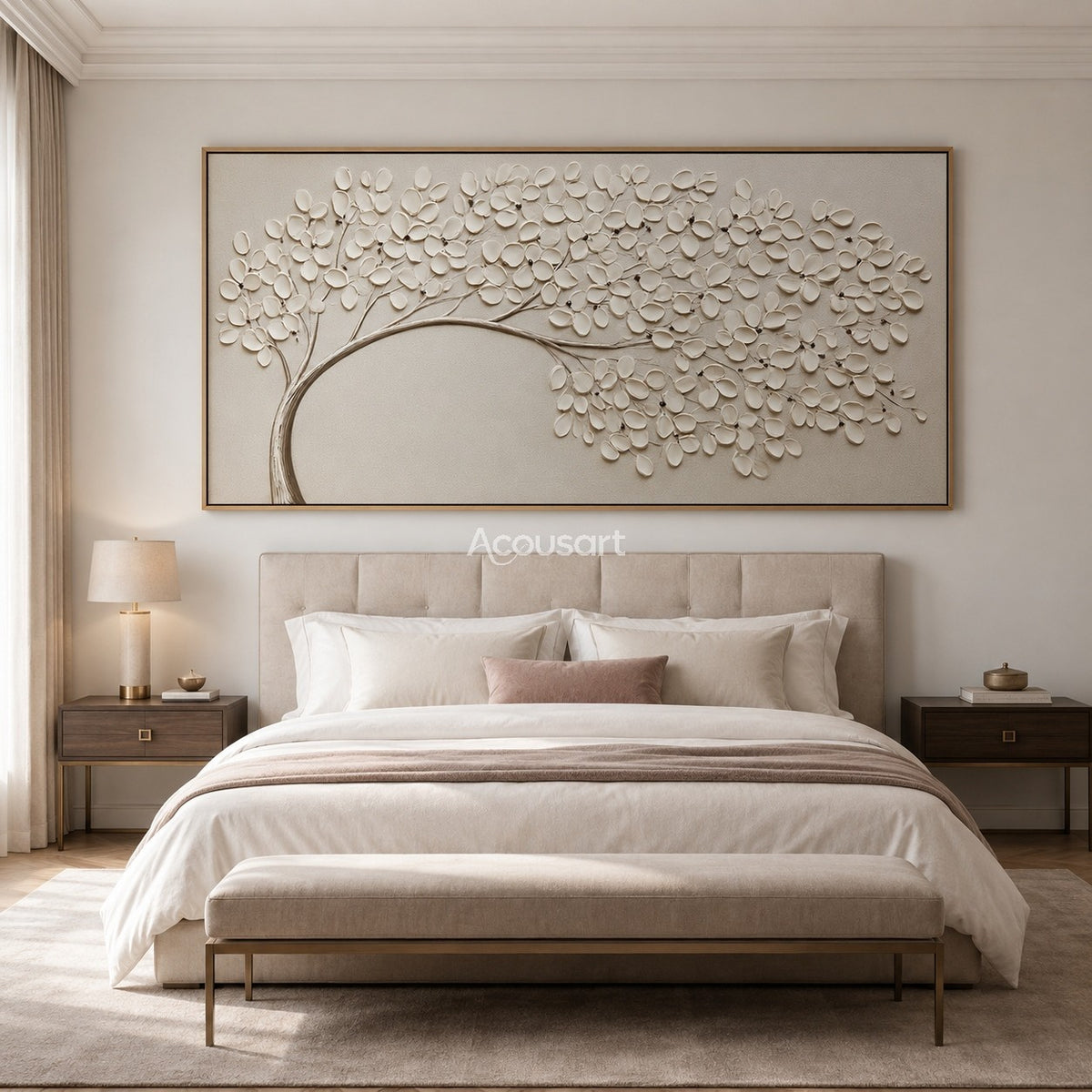 Textured floral wall art with white blossoms on a curved branch against a soft neutral background