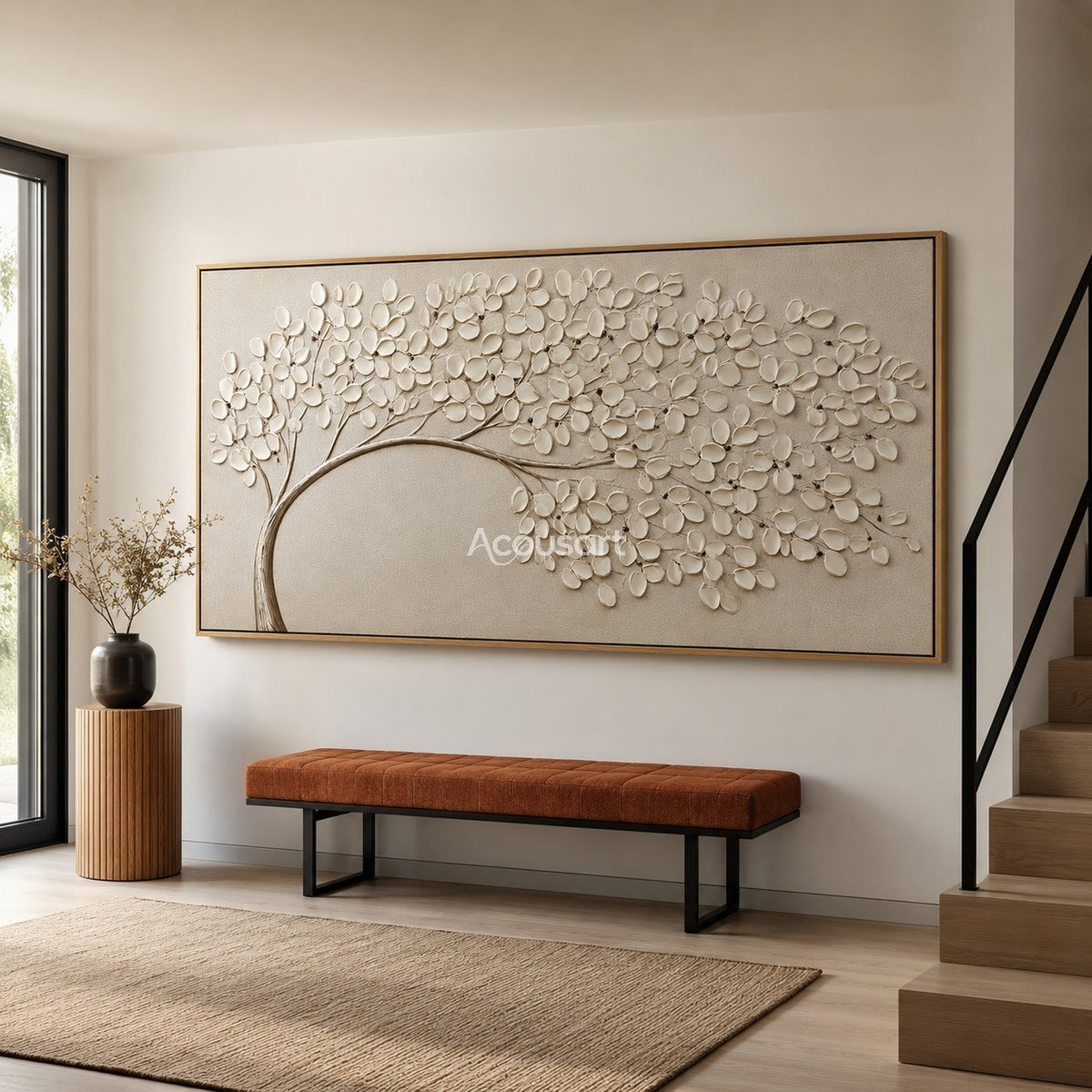 Textured floral wall art with white blossoms on a curved branch against a soft neutral background