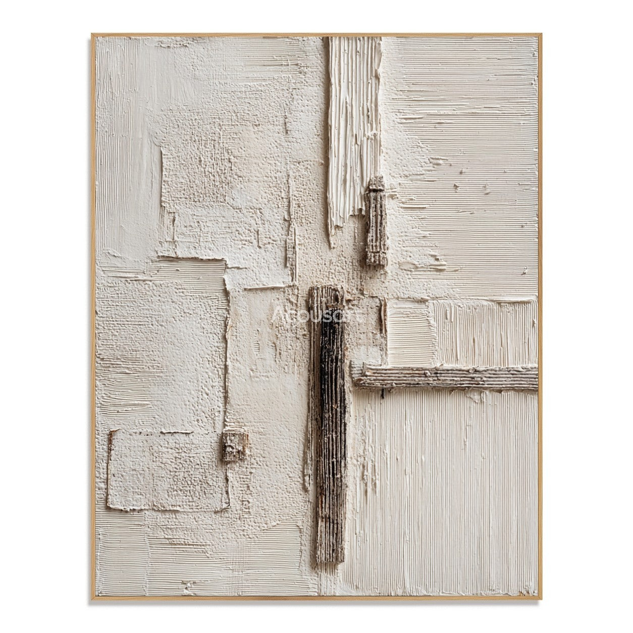 Neutral textured abstract wall art with ivory plaster layers, beige blocks, and vertical brown textured lines
