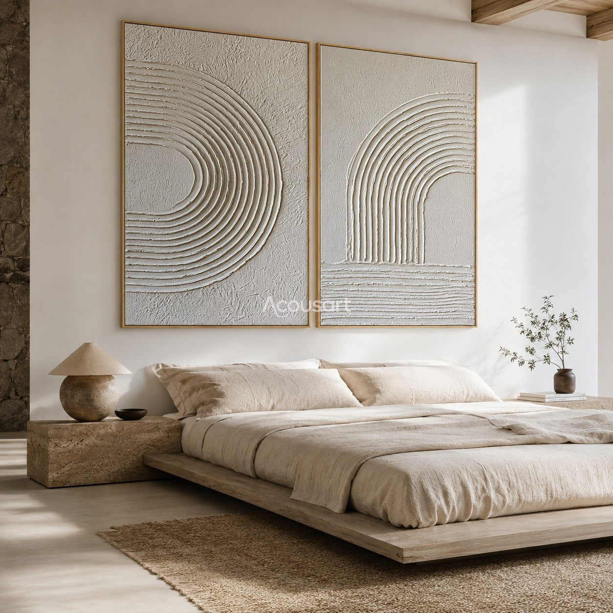 Neutral textured abstract wall art set with raised ivory arch lines and soft cream textured background