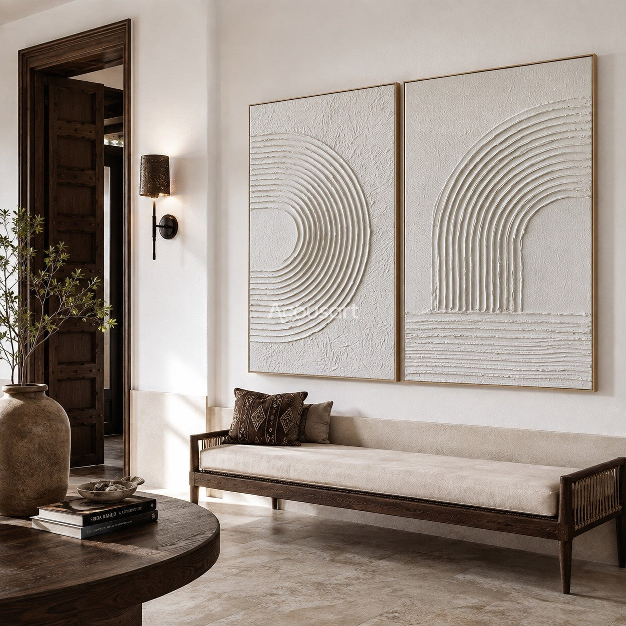 Neutral textured abstract wall art set with raised ivory arch lines and soft cream textured background