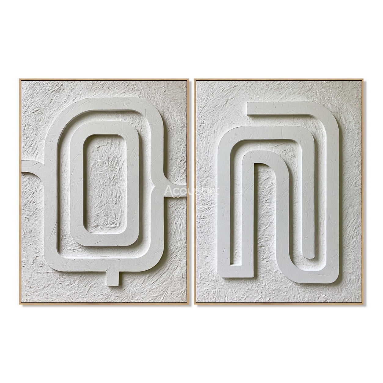 Neutral textured abstract wall art set with raised ivory maze lines on a warm white textured background