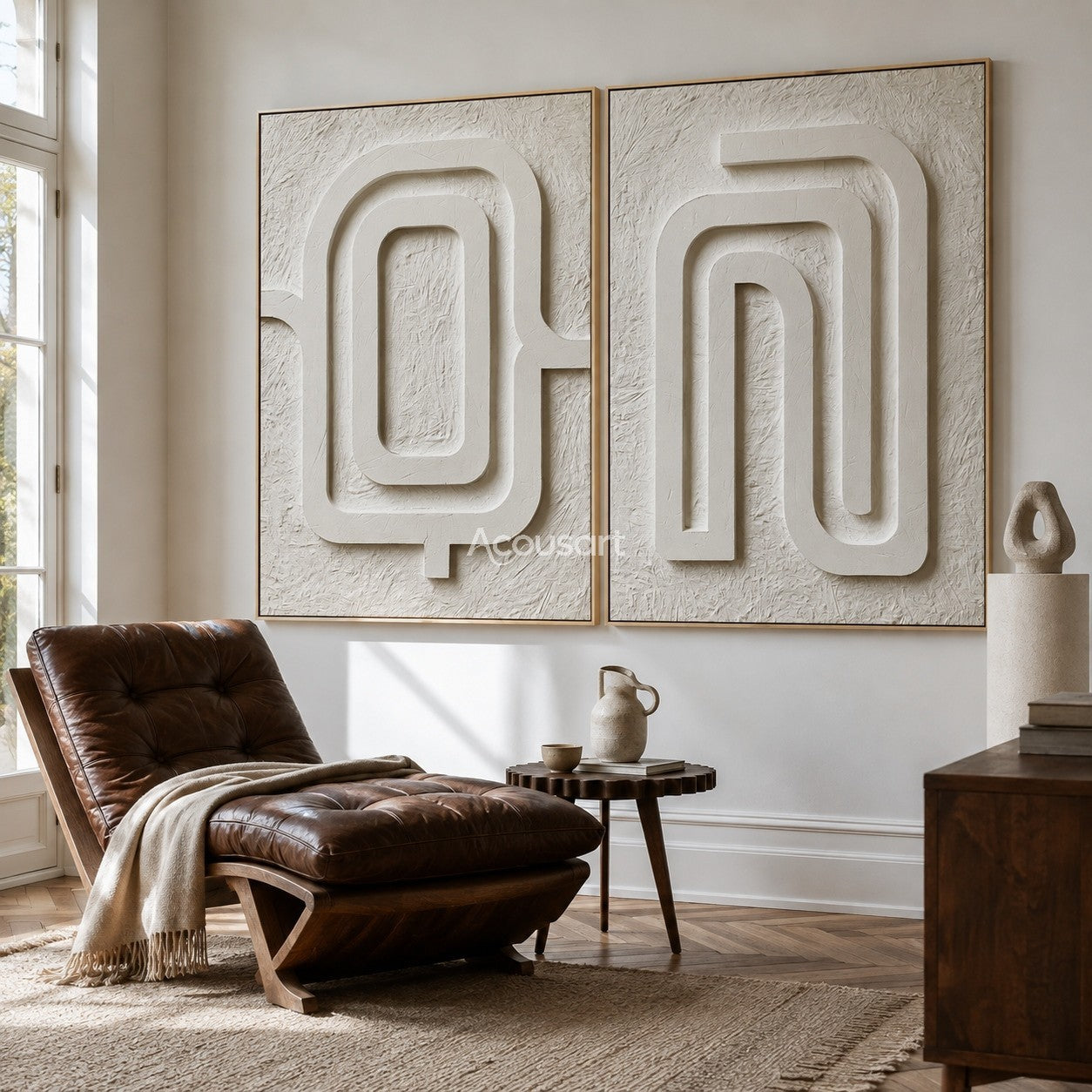 Neutral textured abstract wall art set with raised ivory maze lines on a warm white textured background