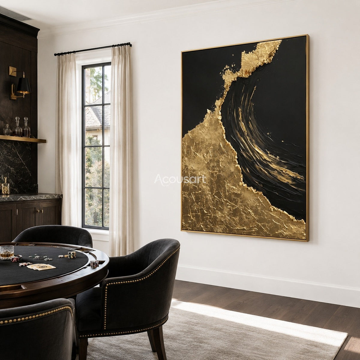 Black and gold textured wall art with raised metallic gold surface and a bold dark wave shape