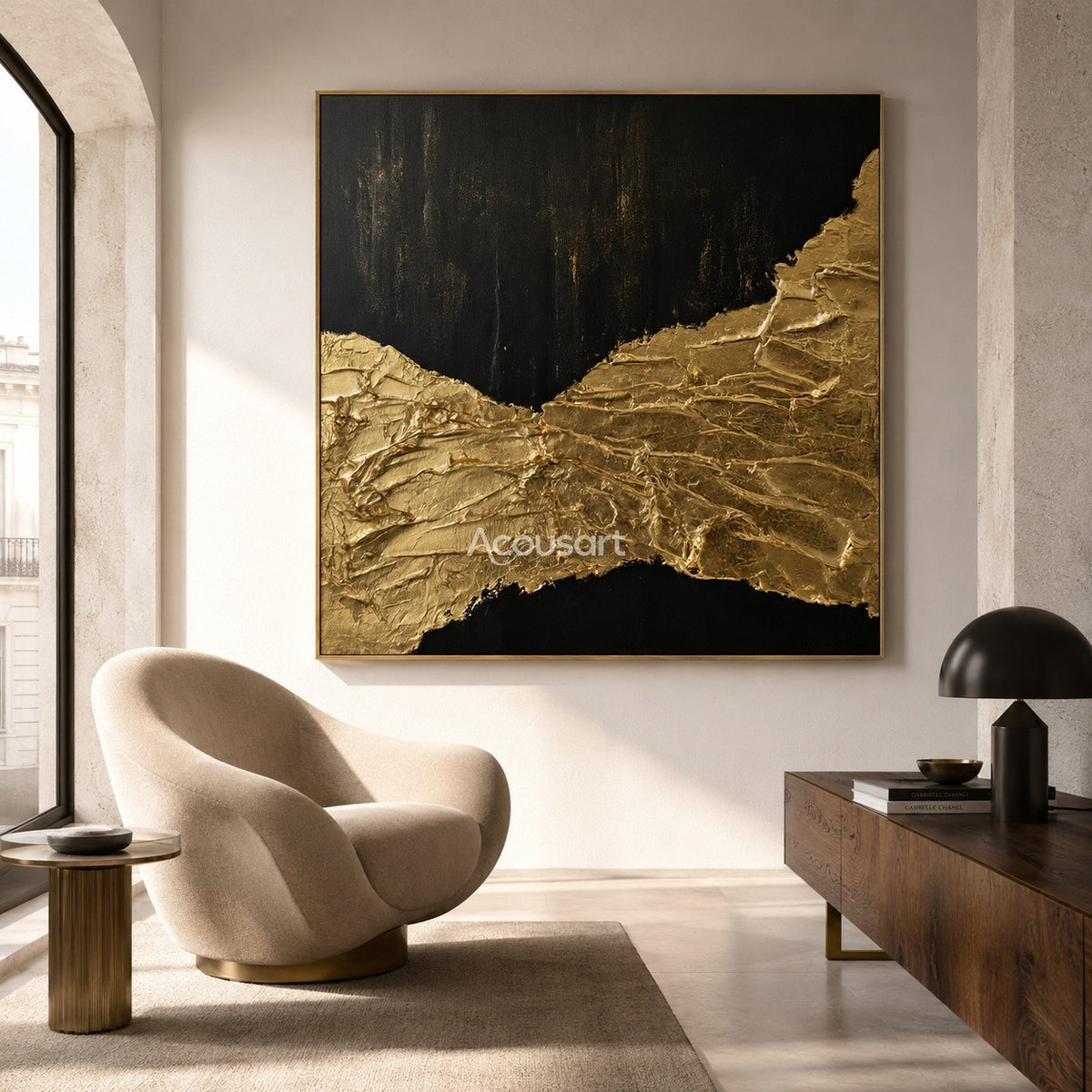 Black and gold textured wall art with raised metallic gold passage across a dark abstract background