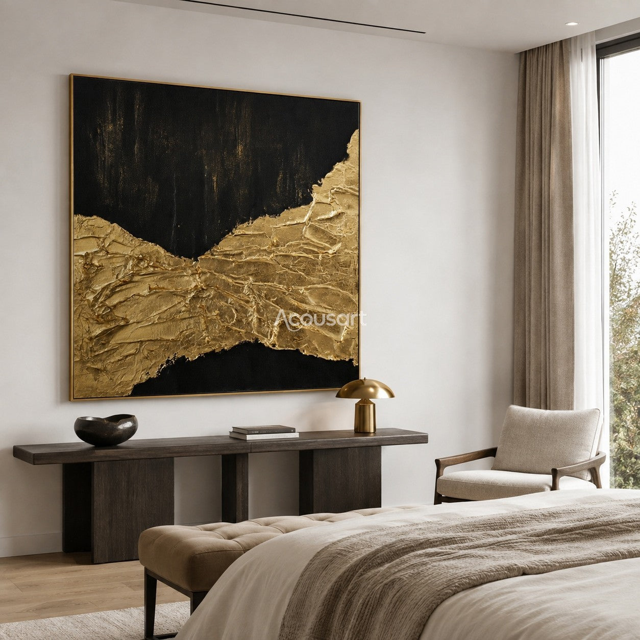 Black and gold textured wall art with raised metallic gold passage across a dark abstract background