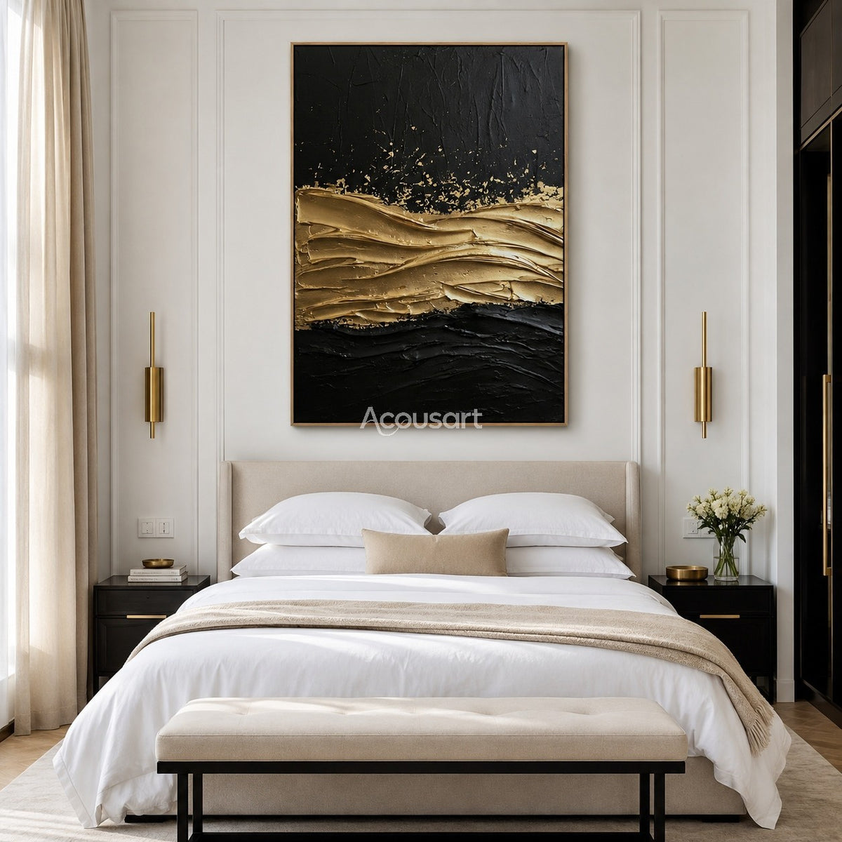 Black and gold textured wall art with raised metallic gold waves on a dark abstract background