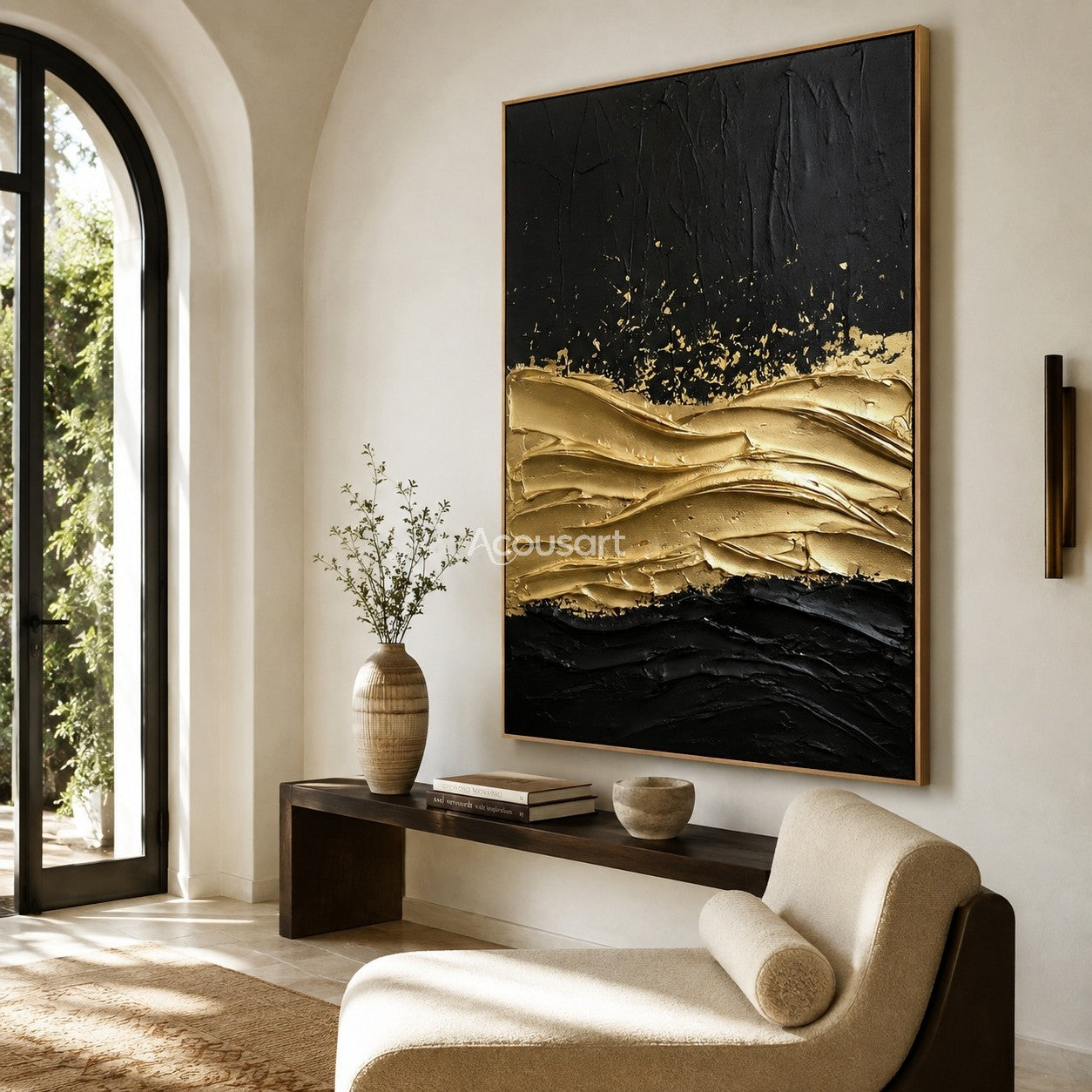 Black and gold textured wall art with raised metallic gold waves on a dark abstract background
