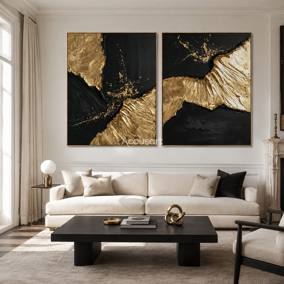Black and gold abstract wall art set with raised metallic gold texture and dark modern background