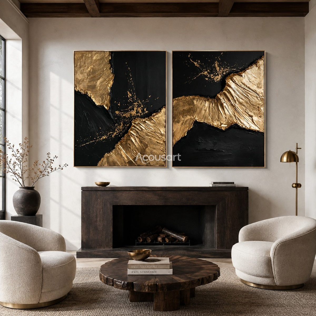 Black and gold abstract wall art set with raised metallic gold texture and dark modern background