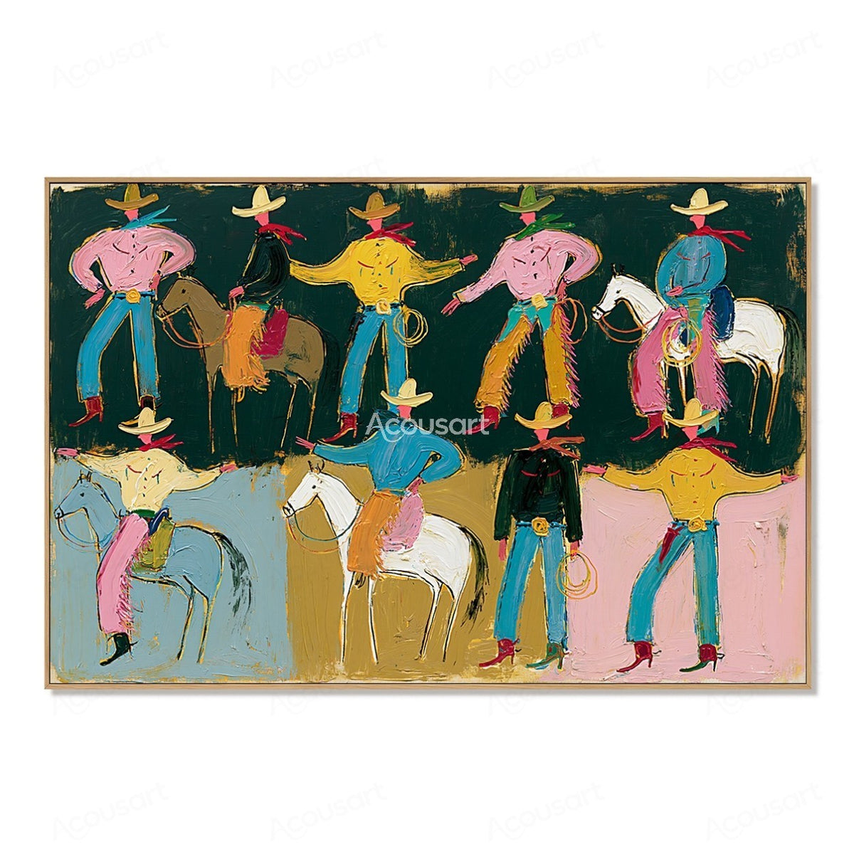 Colorful western wall art with playful cowboys, horses, hats, and bold hand-painted texture
