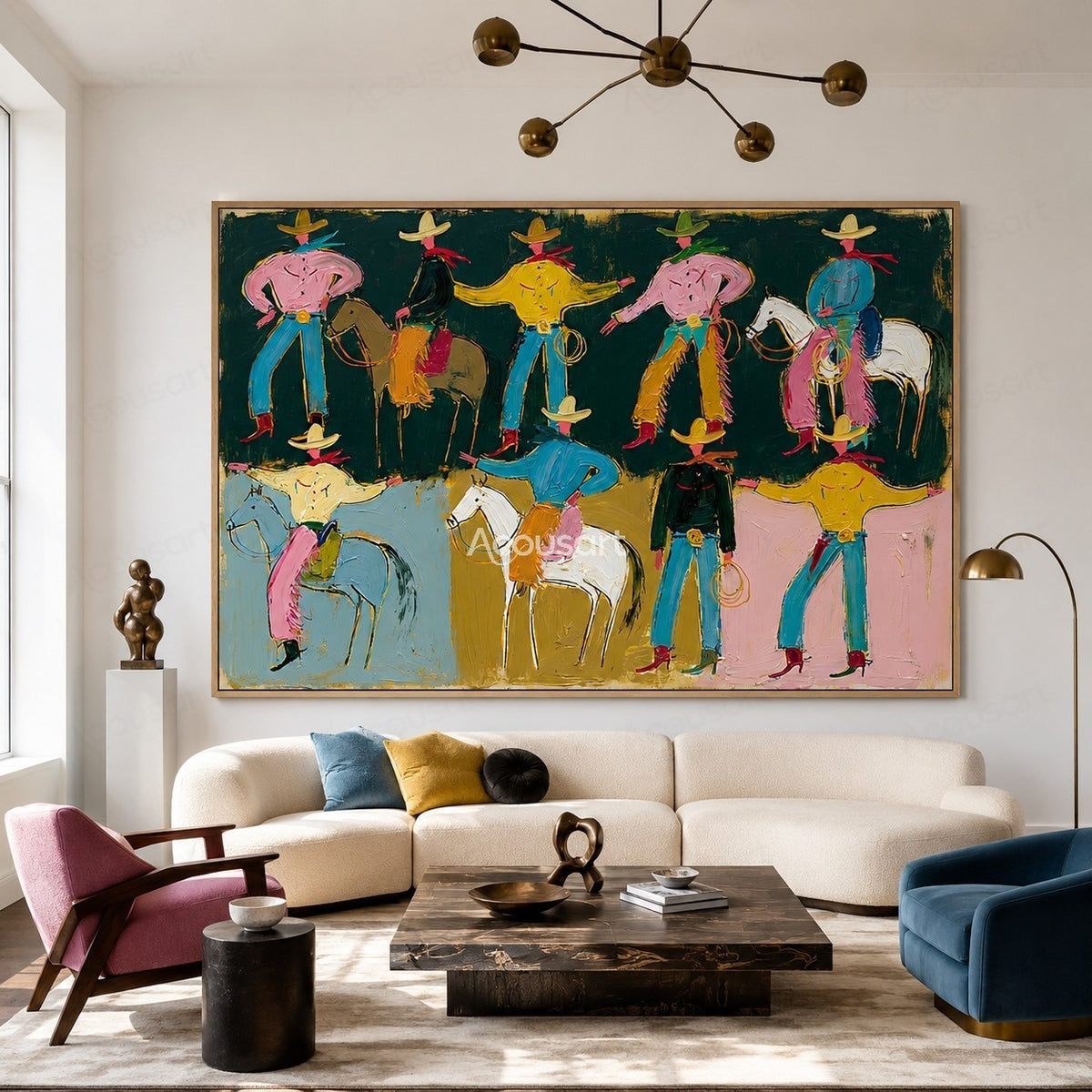 Colorful western wall art with playful cowboys, horses, hats, and bold hand-painted texture