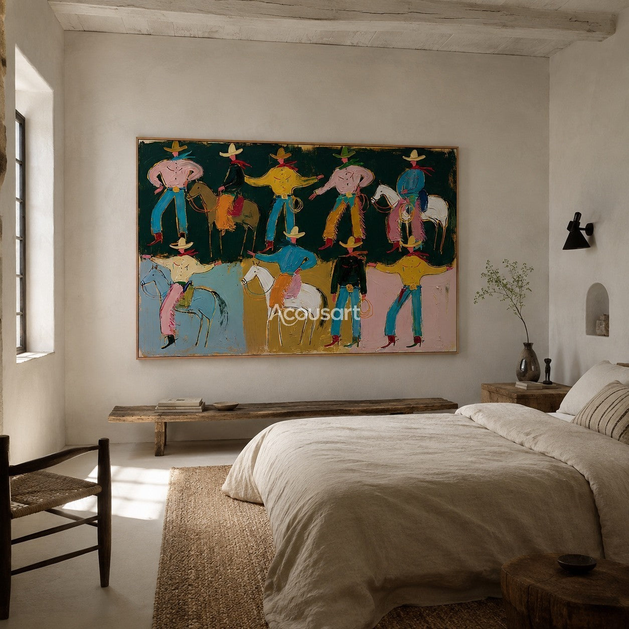 Colorful western wall art with playful cowboys, horses, hats, and bold hand-painted texture