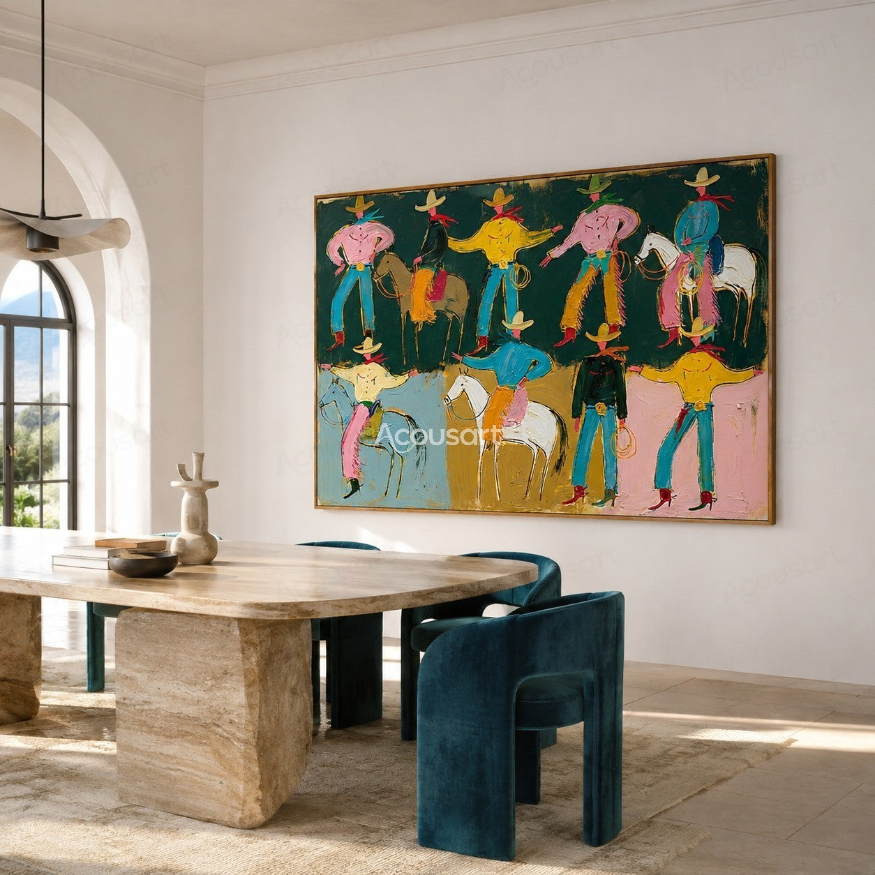 Colorful western wall art with playful cowboys, horses, hats, and bold hand-painted texture