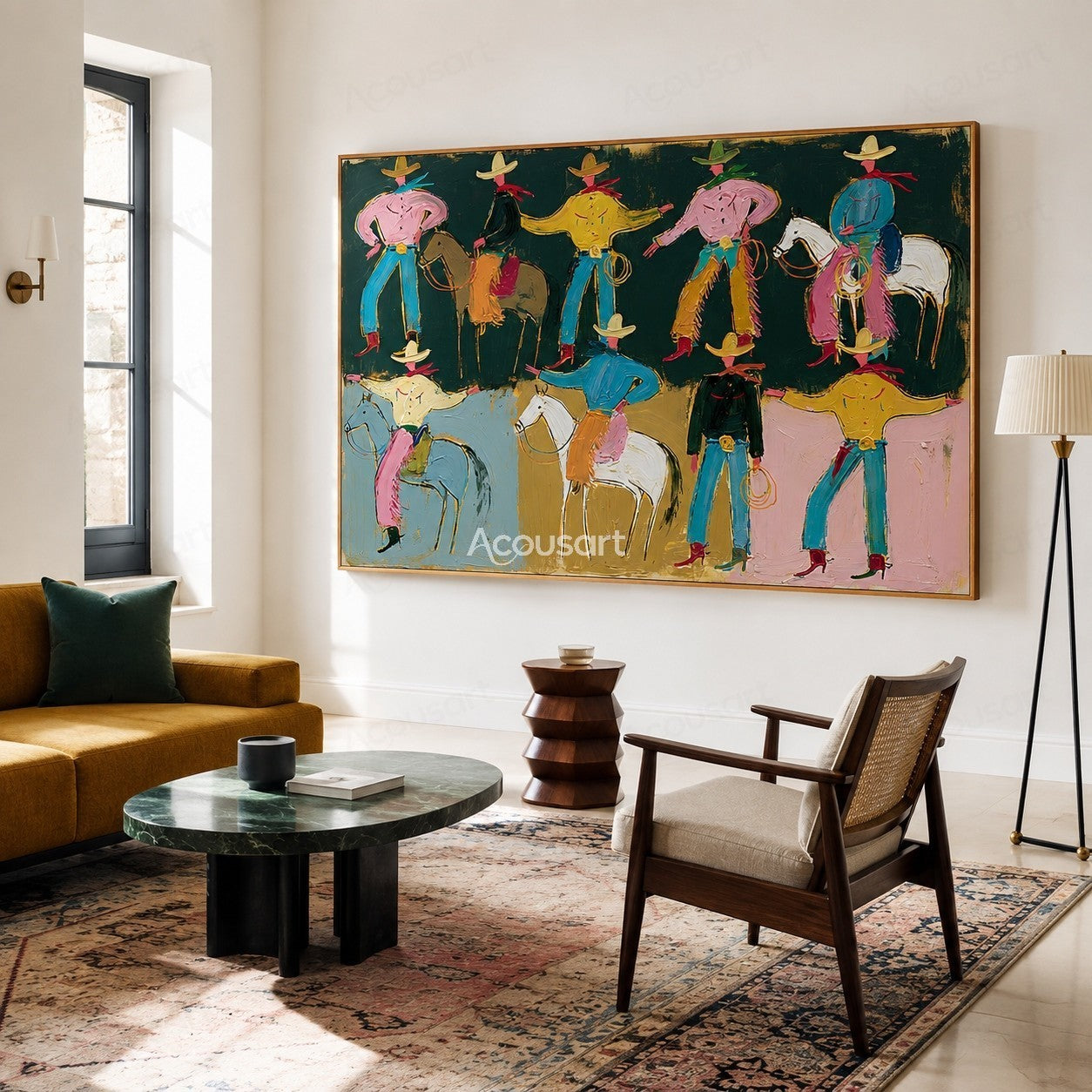 Colorful western wall art with playful cowboys, horses, hats, and bold hand-painted texture