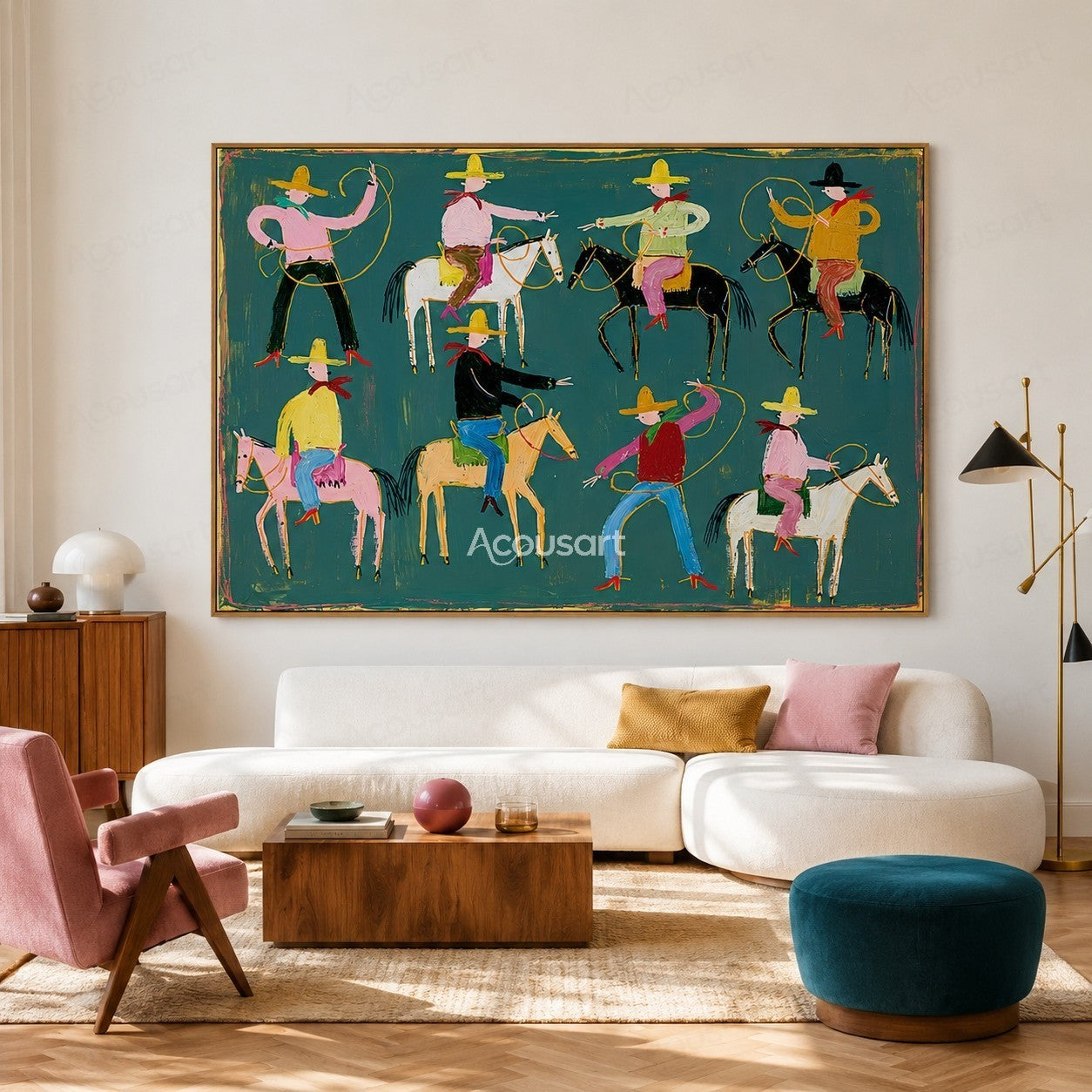 Colorful western cowboy wall art with rodeo riders, horses, ropes, hats, and bold hand-painted texture