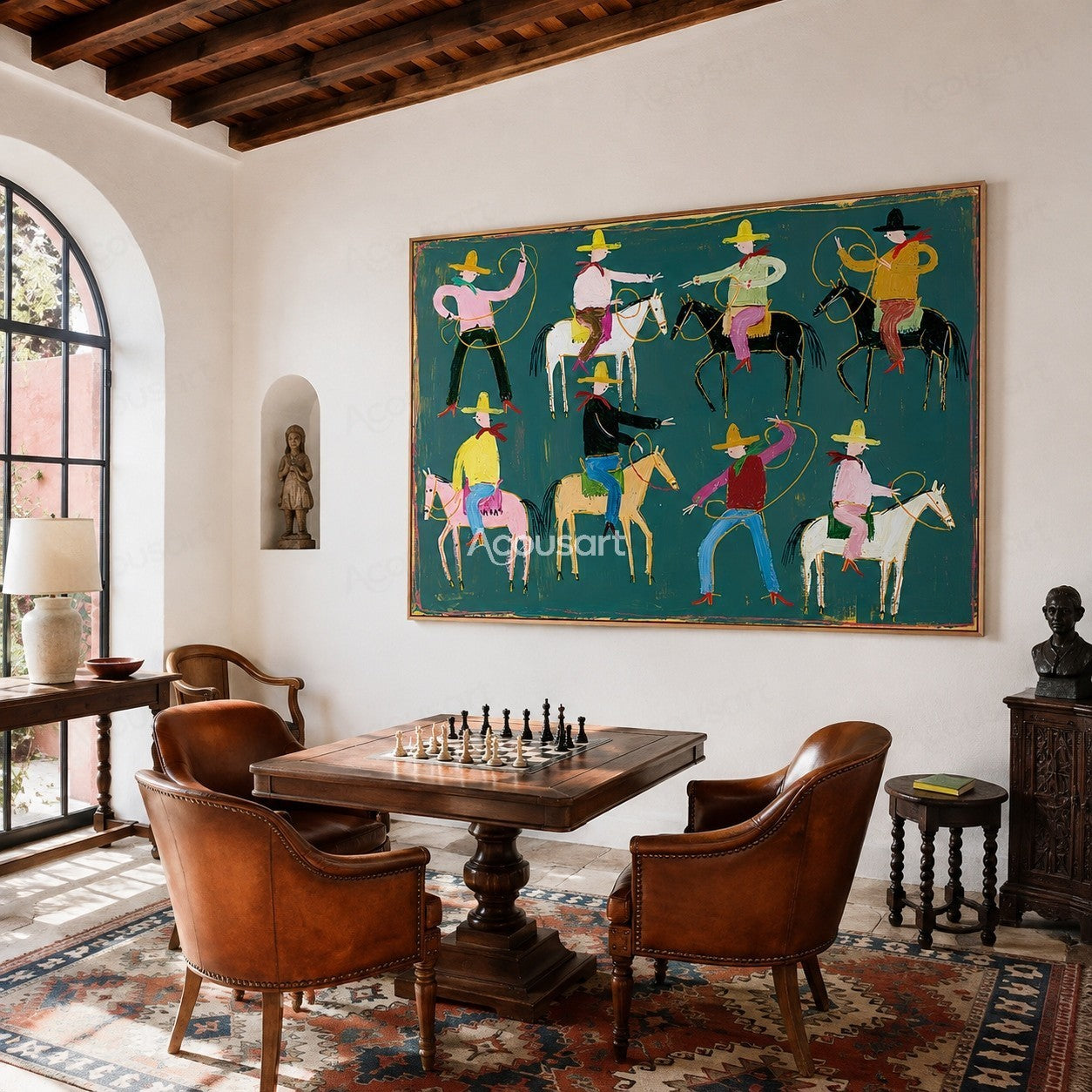 Colorful western cowboy wall art with rodeo riders, horses, ropes, hats, and bold hand-painted texture
