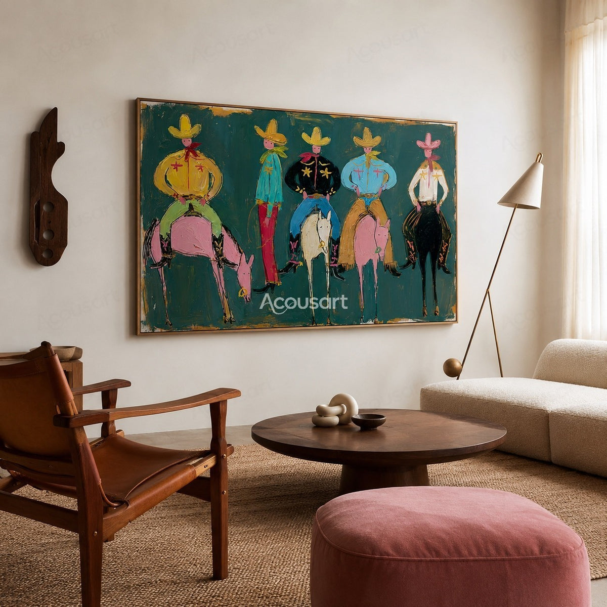 Colorful western wall art with five cowboys, horses, hats, scarves, boots, and bold hand-painted texture