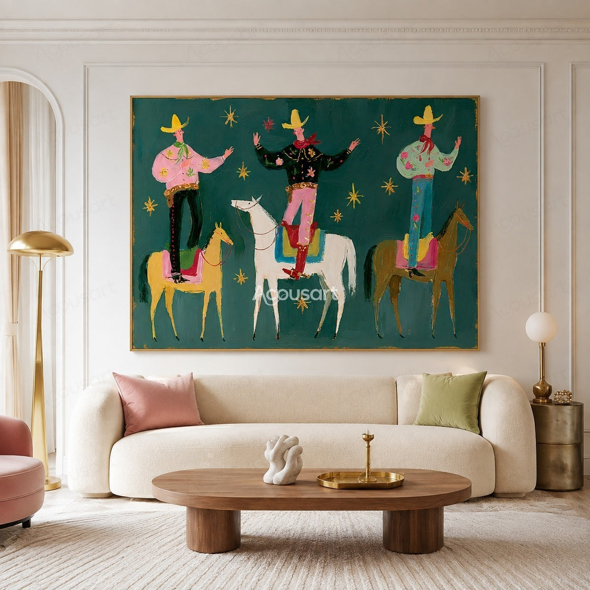 Colorful western cowboy wall art with three riders standing on horses, yellow hats, red scarves, and gold stars