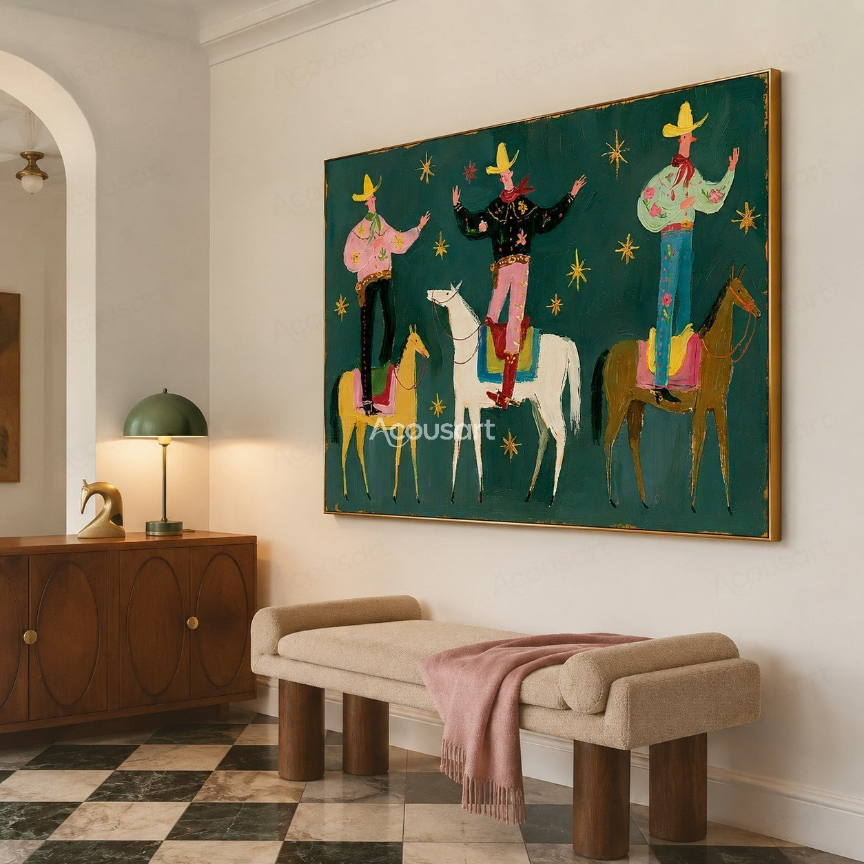 Colorful western cowboy wall art with three riders standing on horses, yellow hats, red scarves, and gold stars
