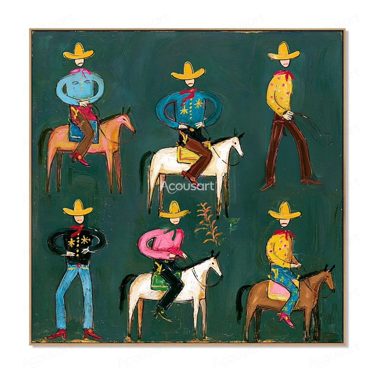 Colorful western cowboy wall art with playful cowboys, horses, yellow hats, red scarves, and bold hand-painted texture