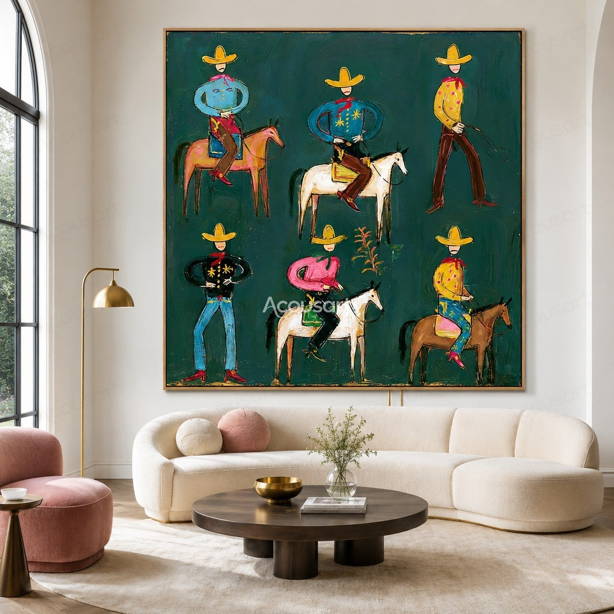 Colorful western cowboy wall art with playful cowboys, horses, yellow hats, red scarves, and bold hand-painted texture