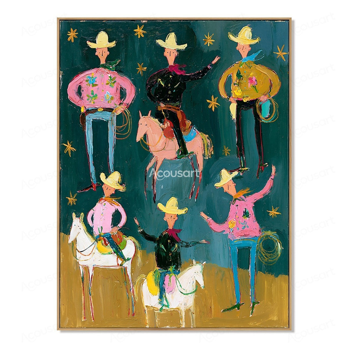 Colorful western cowboy wall art with cowboys, horses, yellow hats, ropes, gold stars, and bold hand-painted texture