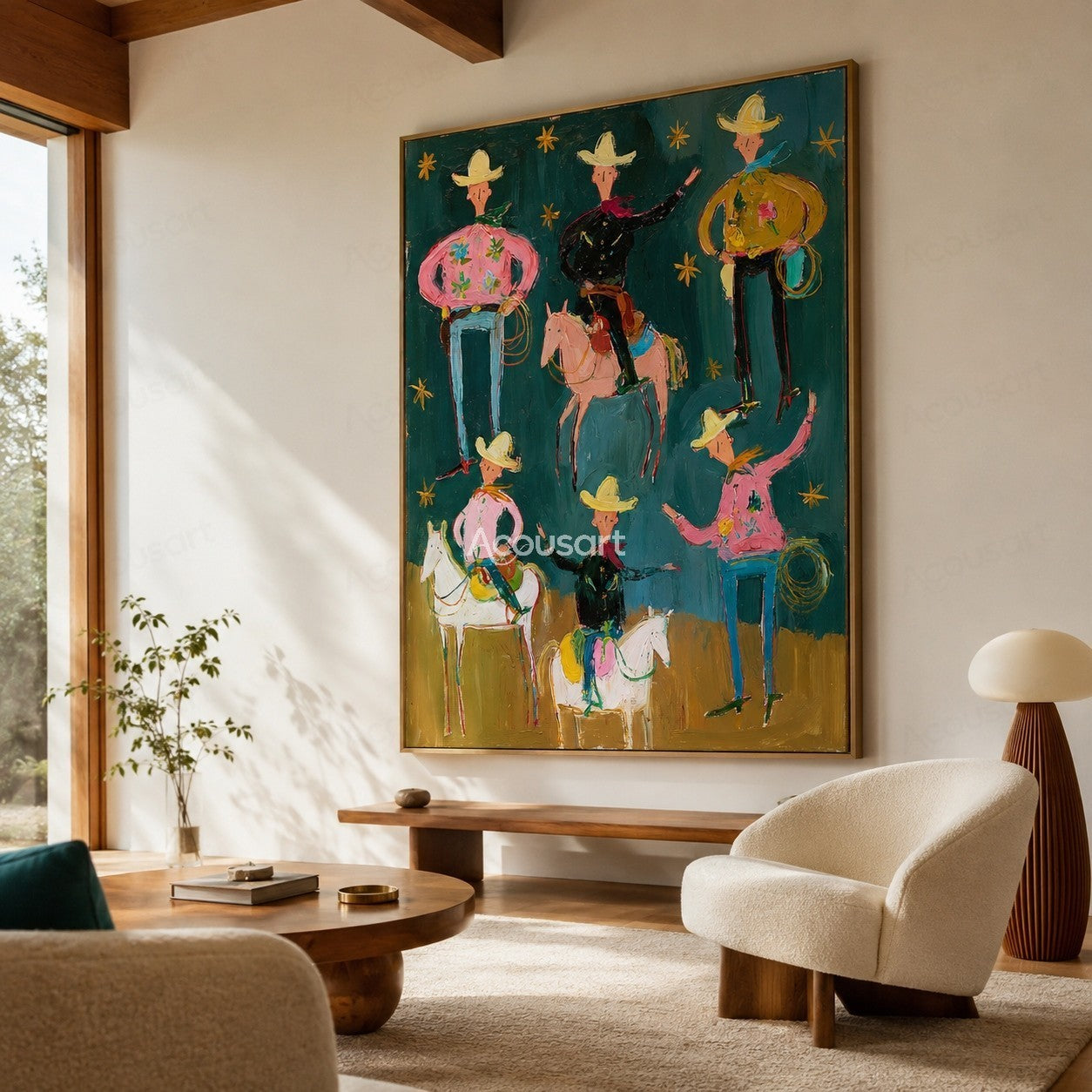 Colorful western cowboy wall art with cowboys, horses, yellow hats, ropes, gold stars, and bold hand-painted texture