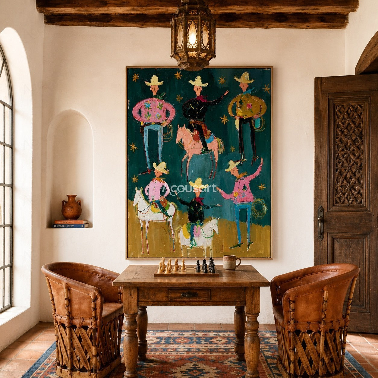 Colorful western cowboy wall art with cowboys, horses, yellow hats, ropes, gold stars, and bold hand-painted texture