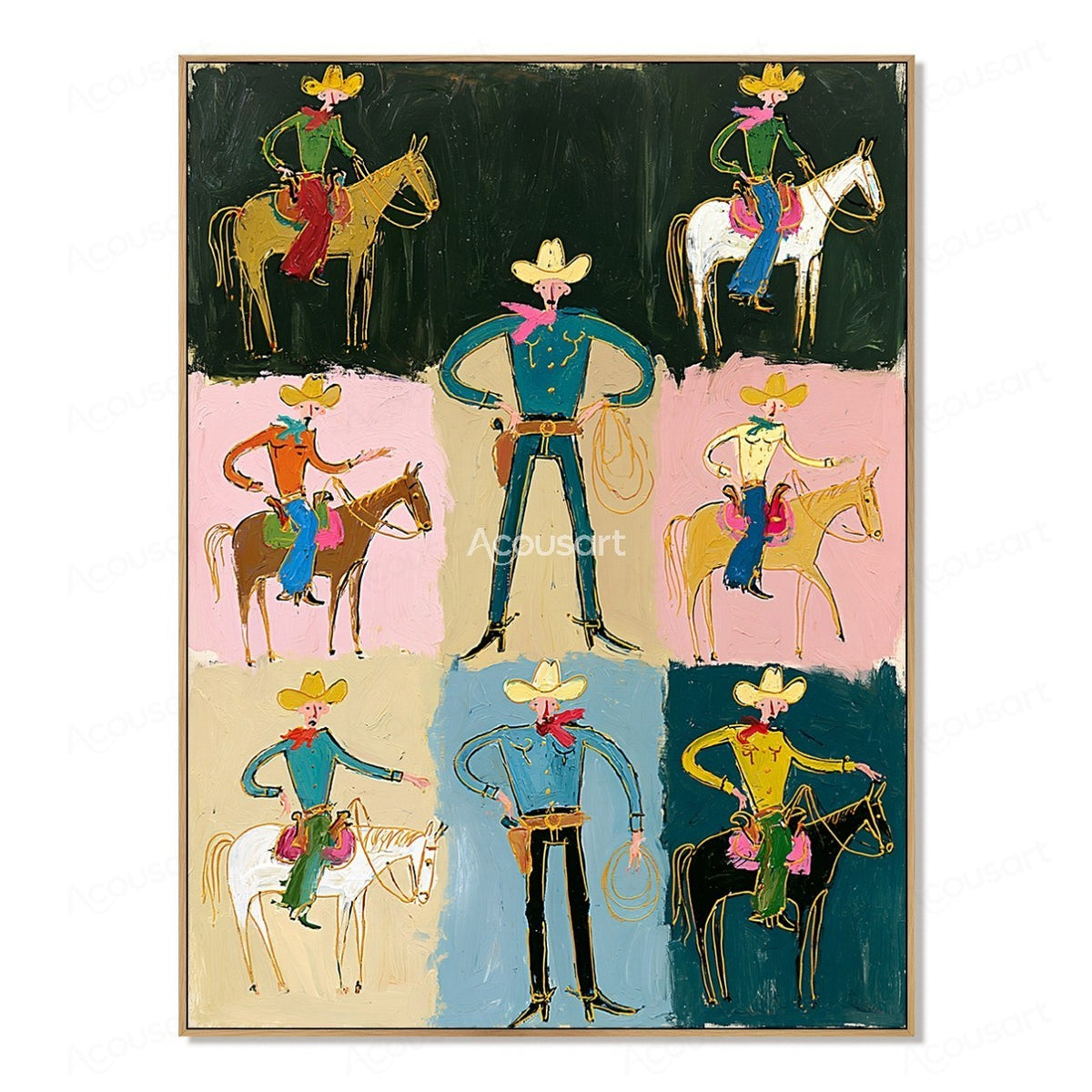 Colorful cowboy wall art with western riders, horses, ropes, hats, scarves, and playful collage-style design