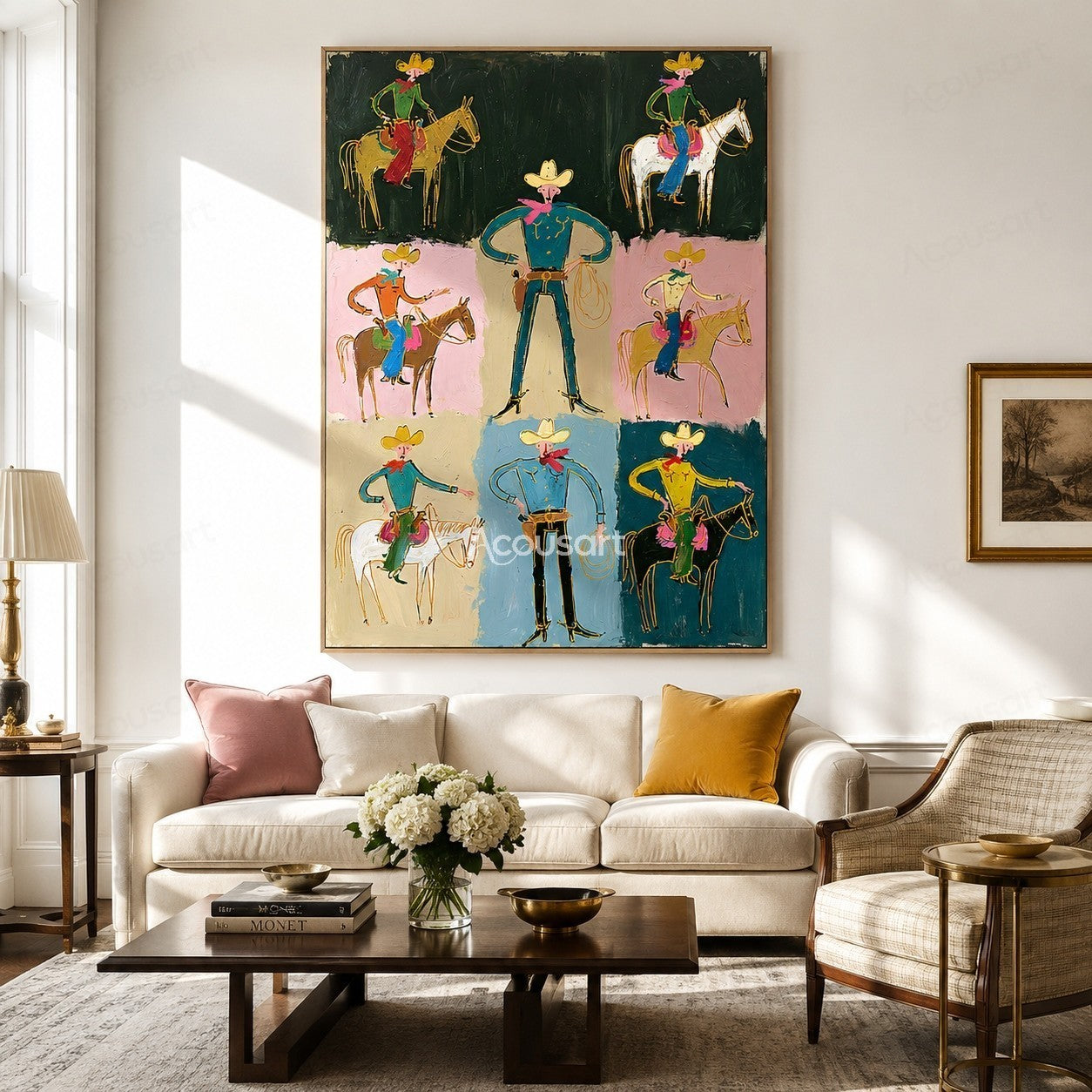 Colorful cowboy wall art with western riders, horses, ropes, hats, scarves, and playful collage-style design