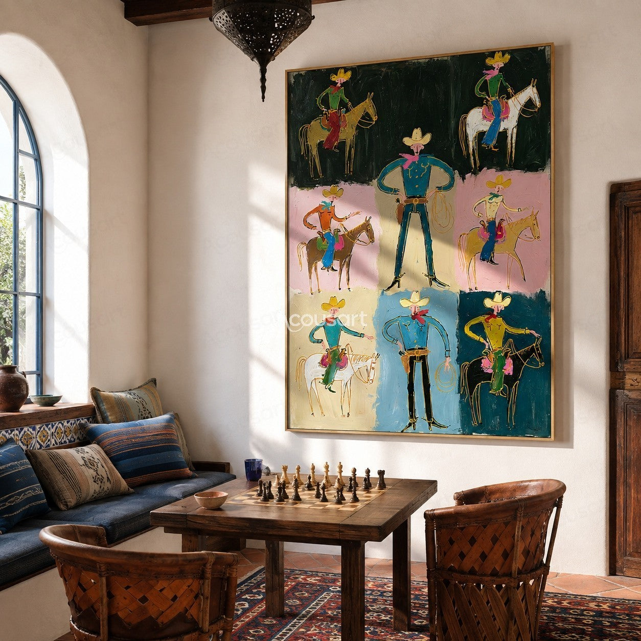 Colorful cowboy wall art with western riders, horses, ropes, hats, scarves, and playful collage-style design