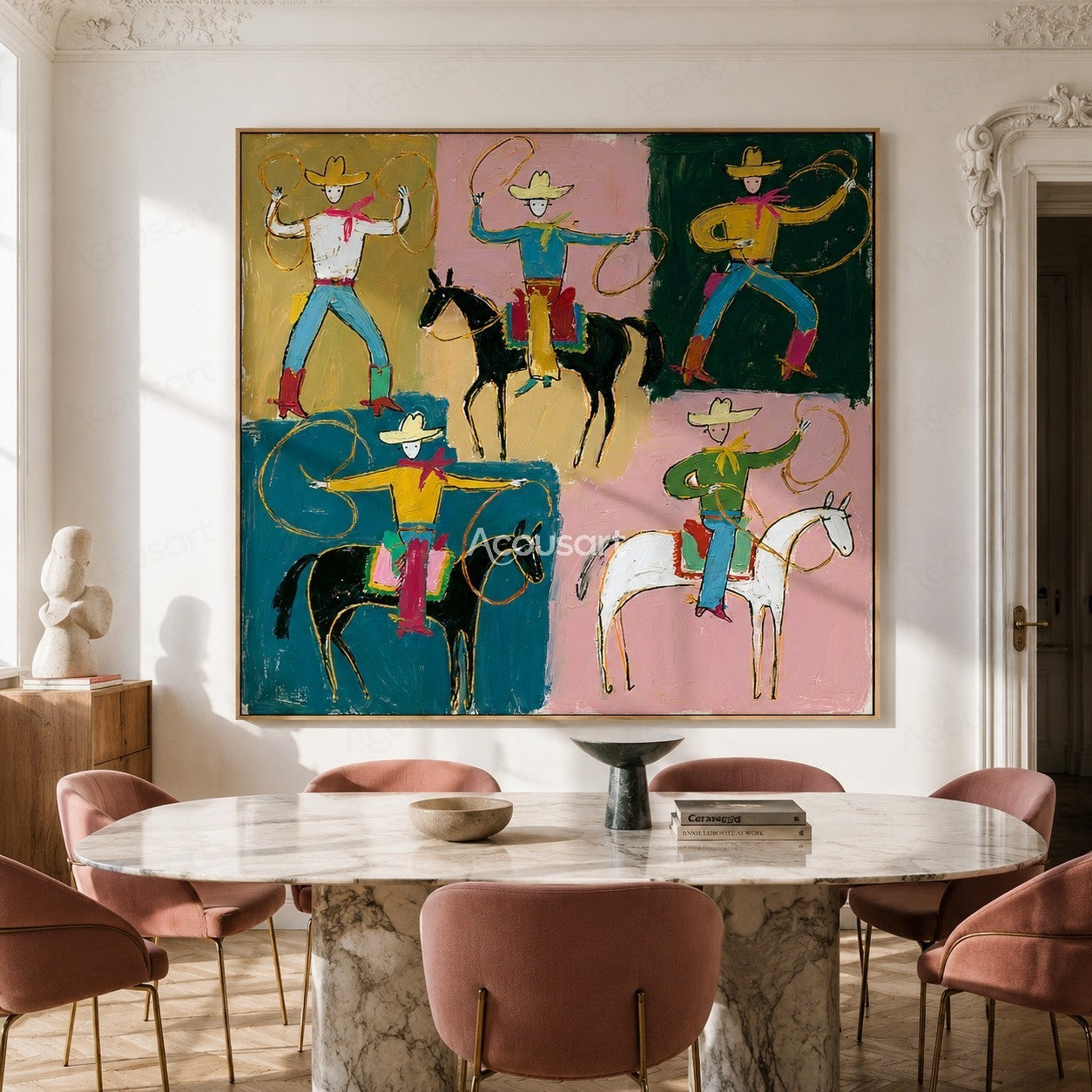 Colorful western wall art with cowboys riding horses, swinging ropes, yellow hats, and bold hand-painted texture