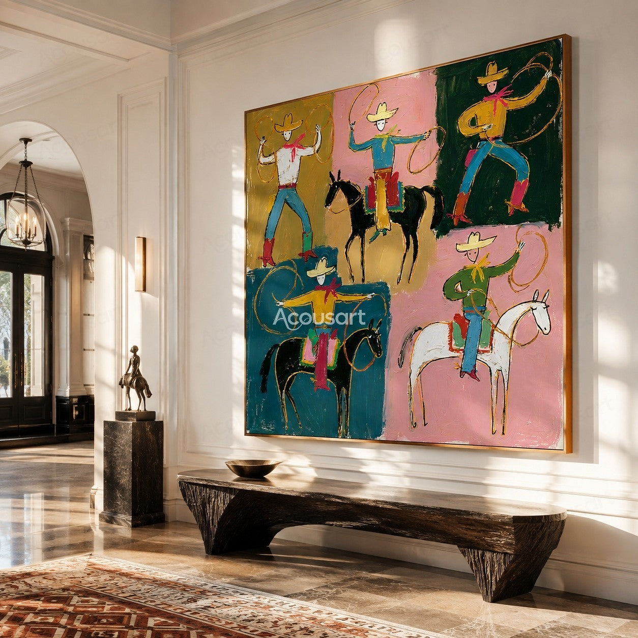 Colorful western wall art with cowboys riding horses, swinging ropes, yellow hats, and bold hand-painted texture