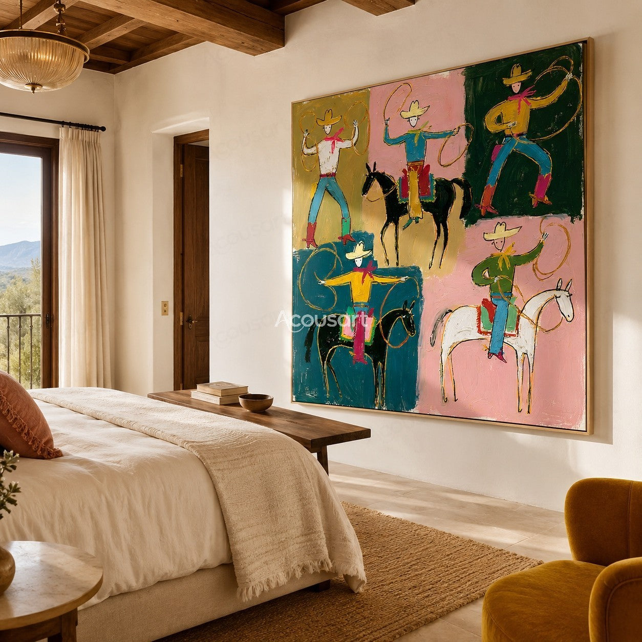 Colorful western wall art with cowboys riding horses, swinging ropes, yellow hats, and bold hand-painted texture