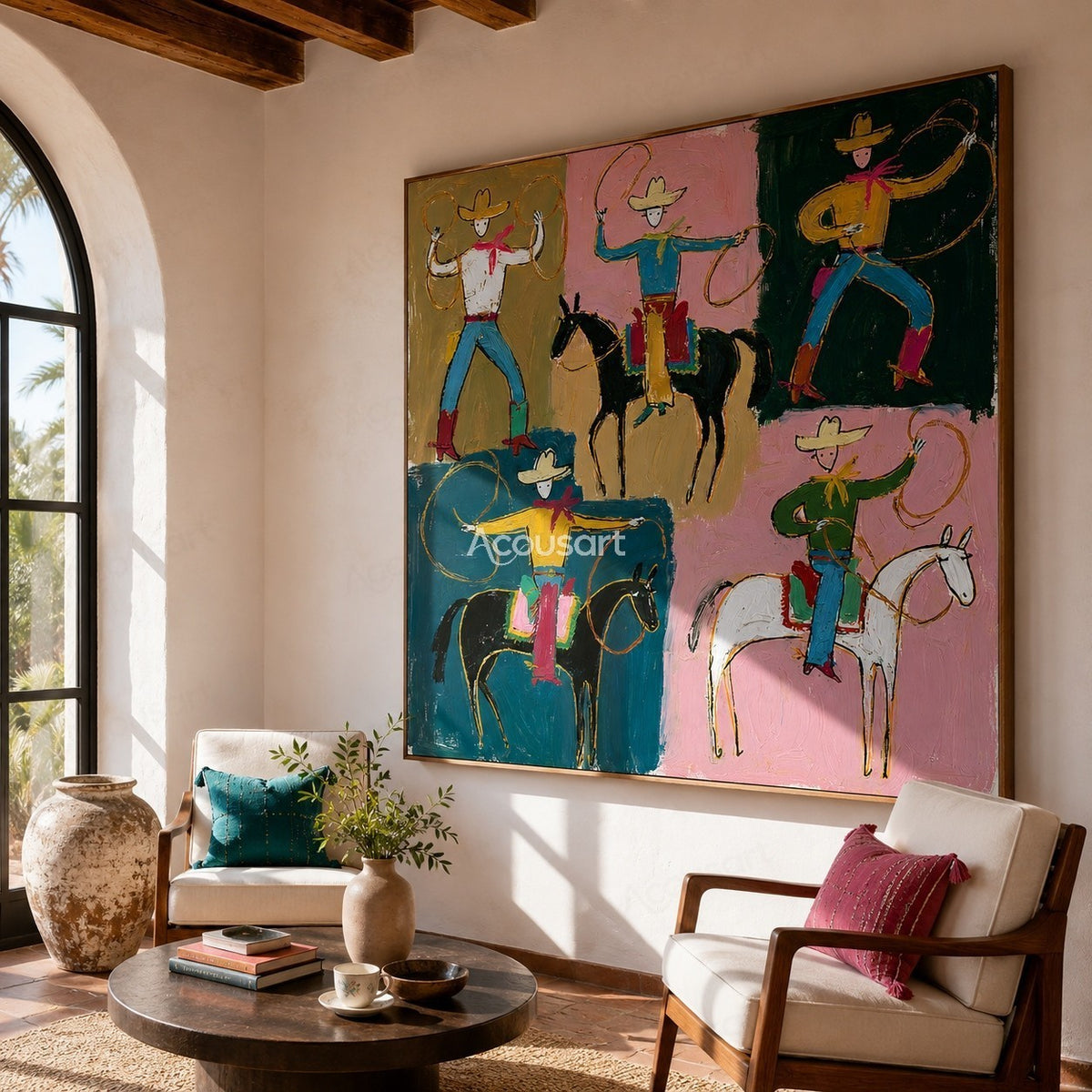 Colorful western wall art with cowboys riding horses, swinging ropes, yellow hats, and bold hand-painted texture